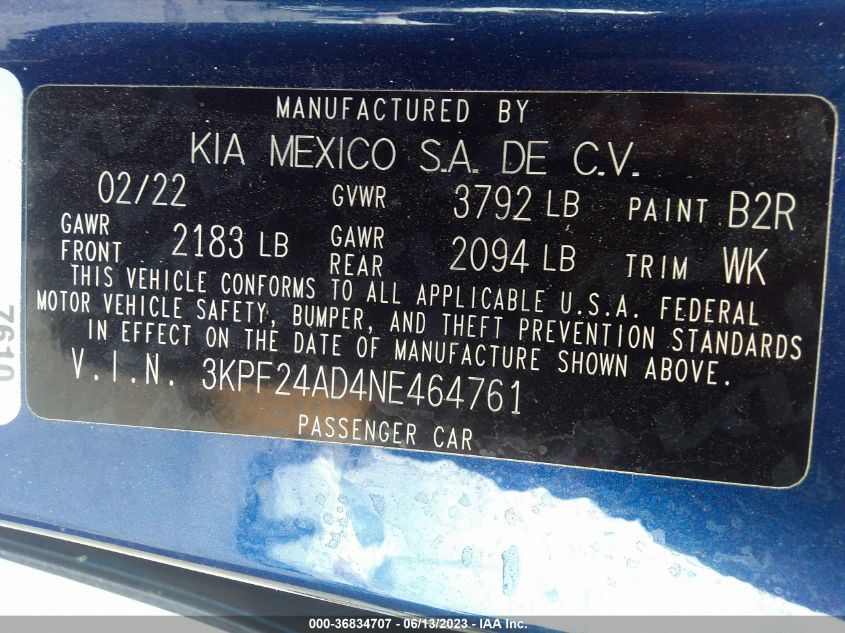2022 KIA FORTE LXS - 3KPF24AD4NE464761