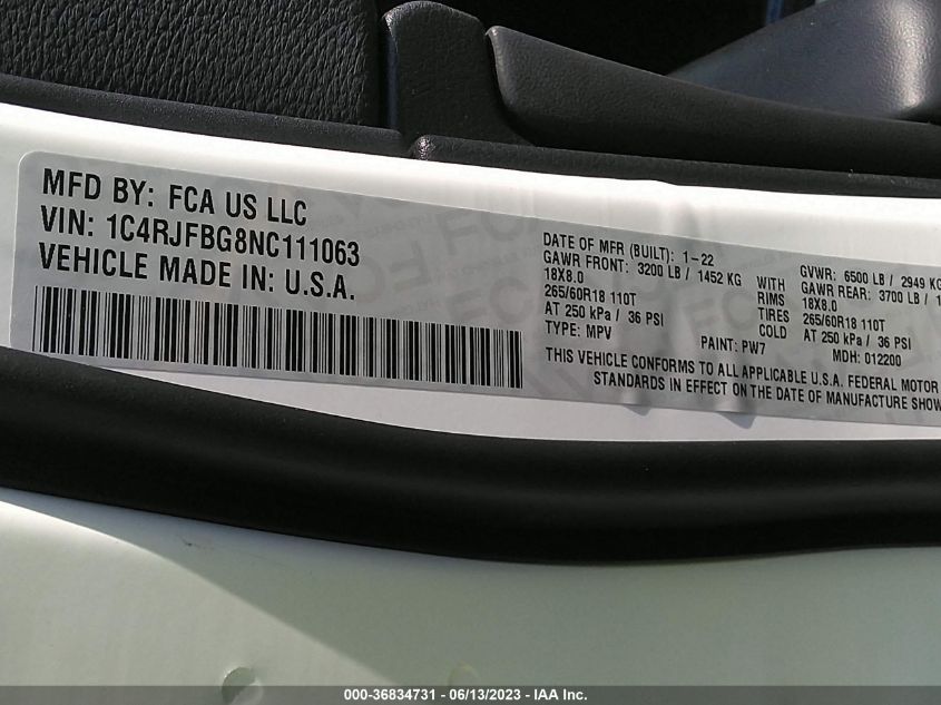 2022 JEEP GRAND CHEROKEE WK LIMITED 1C4RJFBG8NC111063