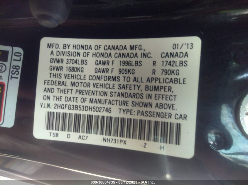 2013 HONDA CIVIC CPE LX 2HGFG3B53DH502746