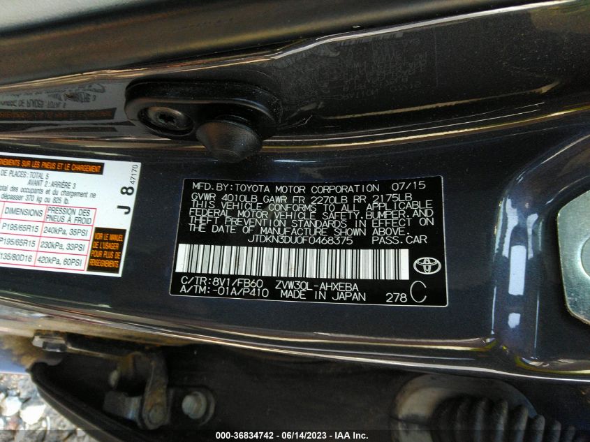 2015 TOYOTA PRIUS FOUR - JTDKN3DU0F0468375
