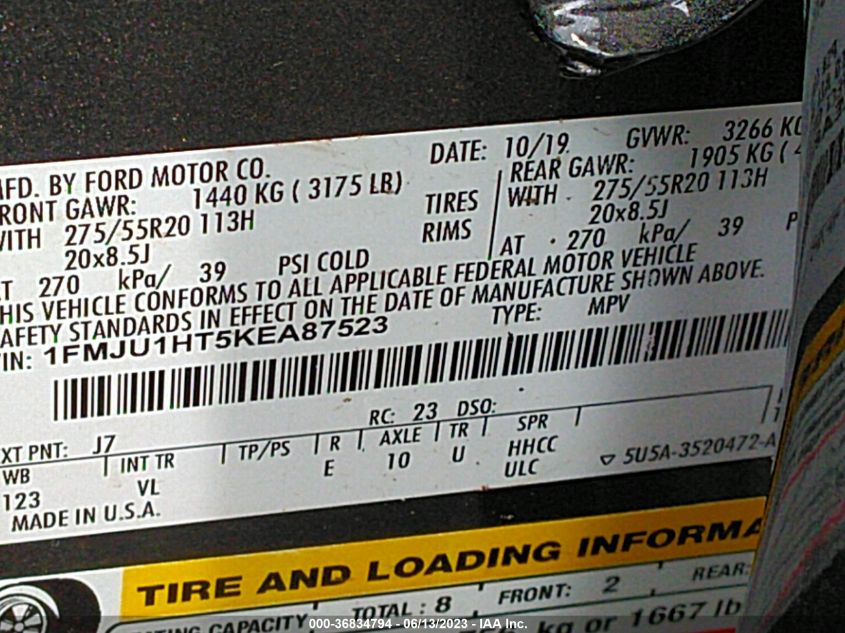 2019 FORD EXPEDITION XLT - 1FMJU1HT5KEA87523