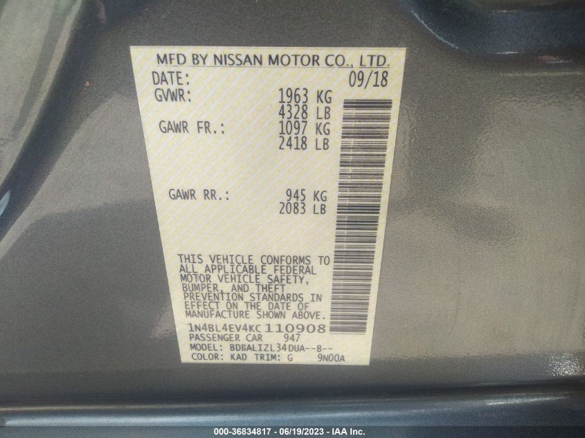 2019 NISSAN ALTIMA 2.5 SL - 1N4BL4EV4KC110908