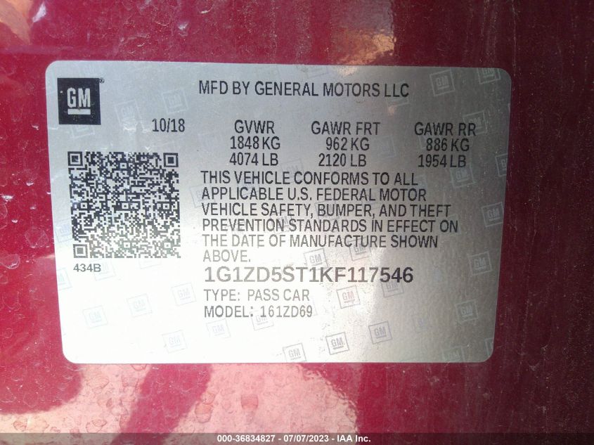 2019 CHEVROLET MALIBU LT - 1G1ZD5ST1KF117546