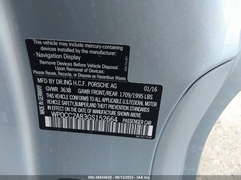2016 PORSCHE BOXSTER SPYDER - WP0CC2A83GS152664