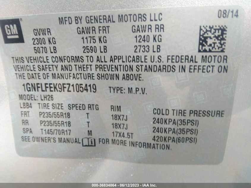 2015 CHEVROLET EQUINOX LT - 1GNFLFEK9FZ105419