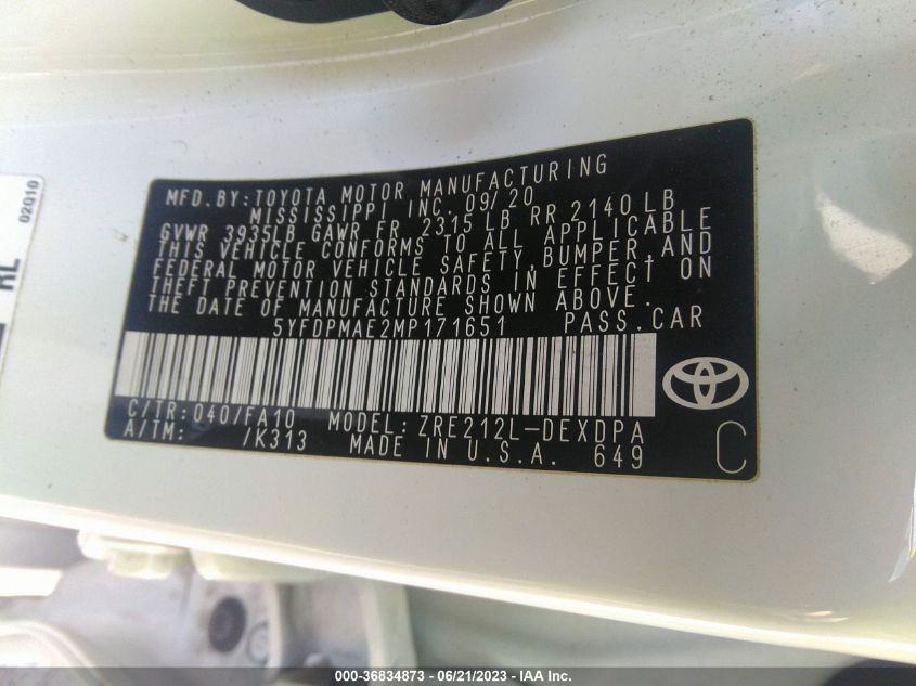 2021 TOYOTA COROLLA L - 5YFDPMAE2MP171651