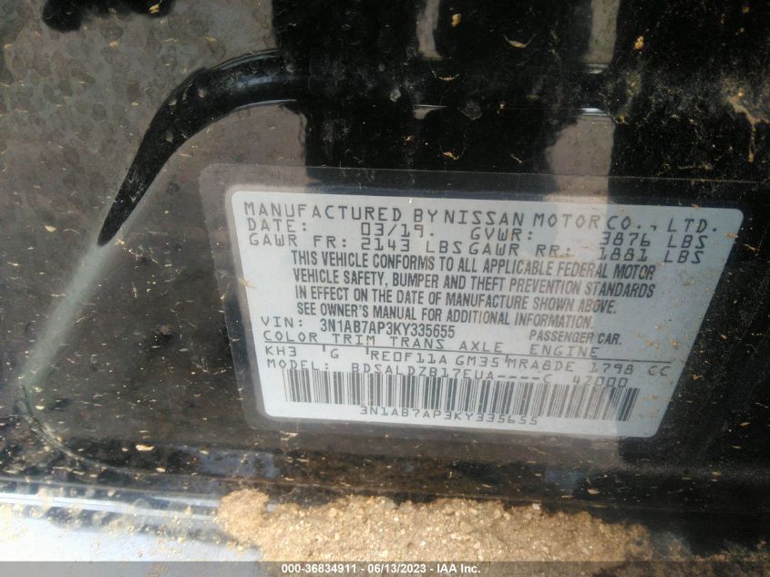 2019 NISSAN SENTRA SV - 3N1AB7AP3KY335655