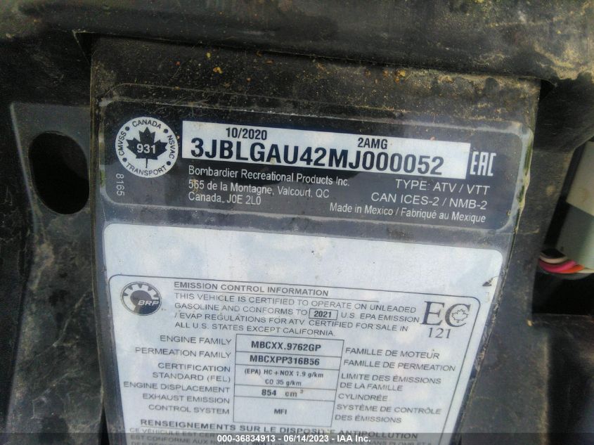 2021 CAN-AM OUTLANDER 850/850 DPS 3JBLGAU42MJ000052