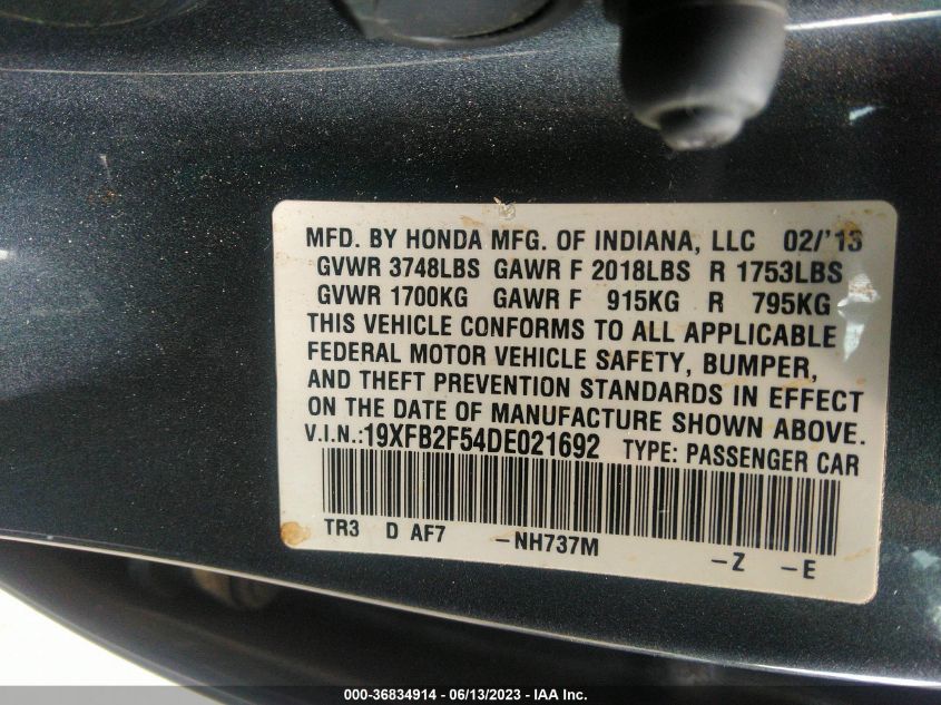 2013 HONDA CIVIC SDN LX - 19XFB2F54DE021692