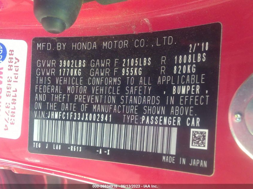 2018 HONDA CIVIC SEDAN EX-T - JHMFC1F33JX002941