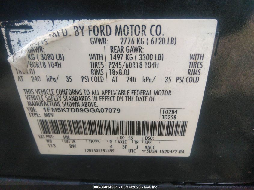 2016 FORD EXPLORER XLT - 1FM5K7D89GGA07079