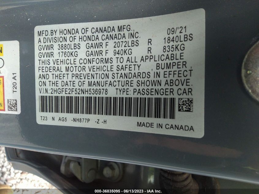 2022 HONDA CIVIC SEDAN SPORT - 2HGFE2F52NH536978