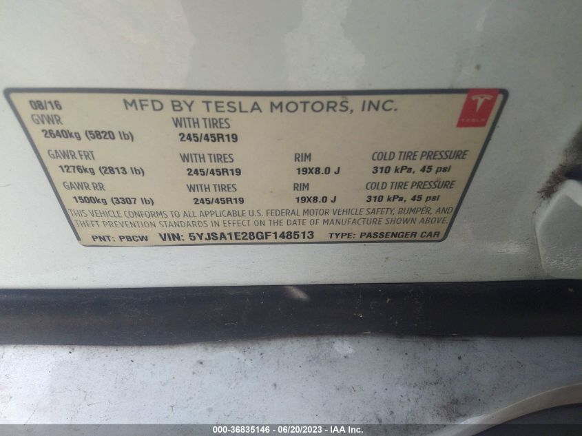 2016 TESLA MODEL S - 5YJSA1E28GF148513