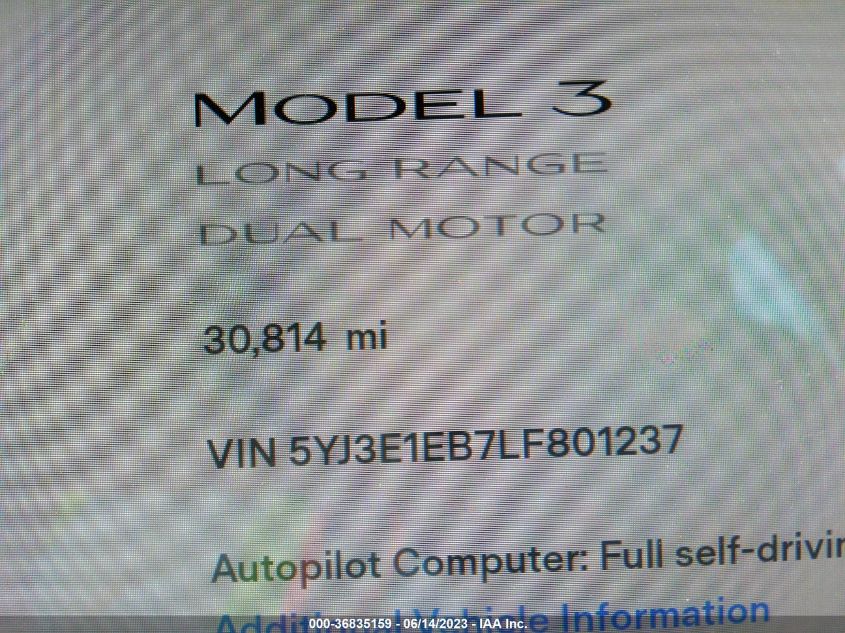 2020 TESLA MODEL 3 - 5YJ3E1EB7LF801237