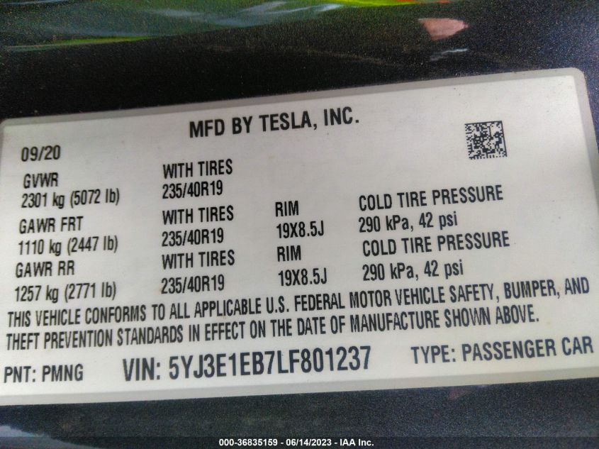 2020 TESLA MODEL 3 - 5YJ3E1EB7LF801237