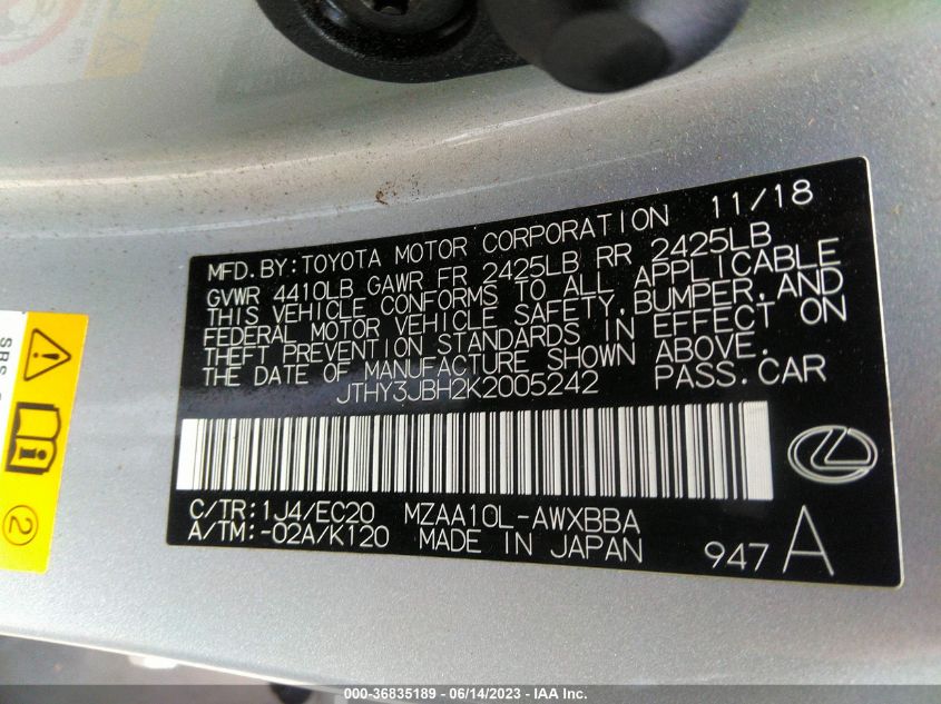 2019 LEXUS UX UX 200 JTHY3JBH2K2005242