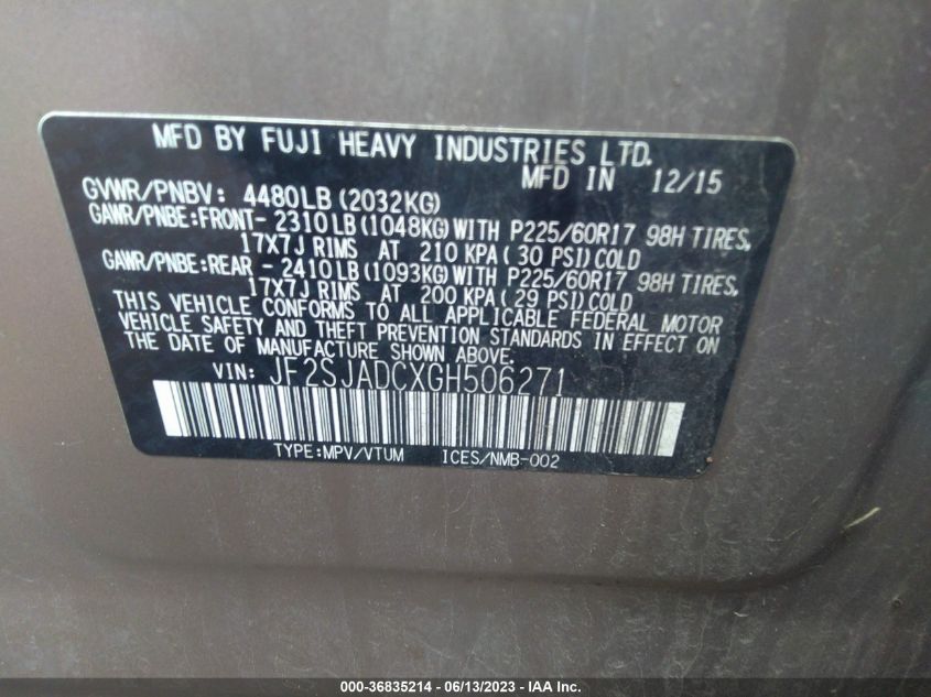 2016 SUBARU FORESTER 2.5I PREMIUM - JF2SJADCXGH506271