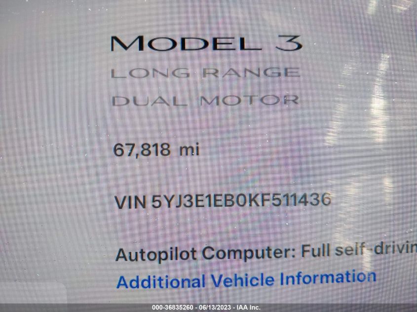 2019 TESLA MODEL 3 LONG RANGE/PERFORMANCE - 5YJ3E1EB0KF511436