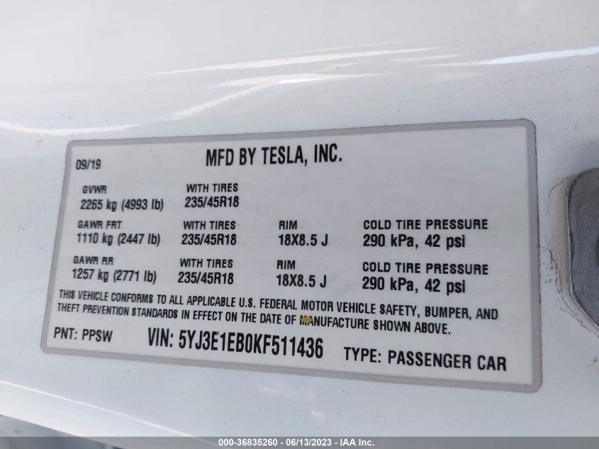 2019 TESLA MODEL 3 LONG RANGE/PERFORMANCE - 5YJ3E1EB0KF511436