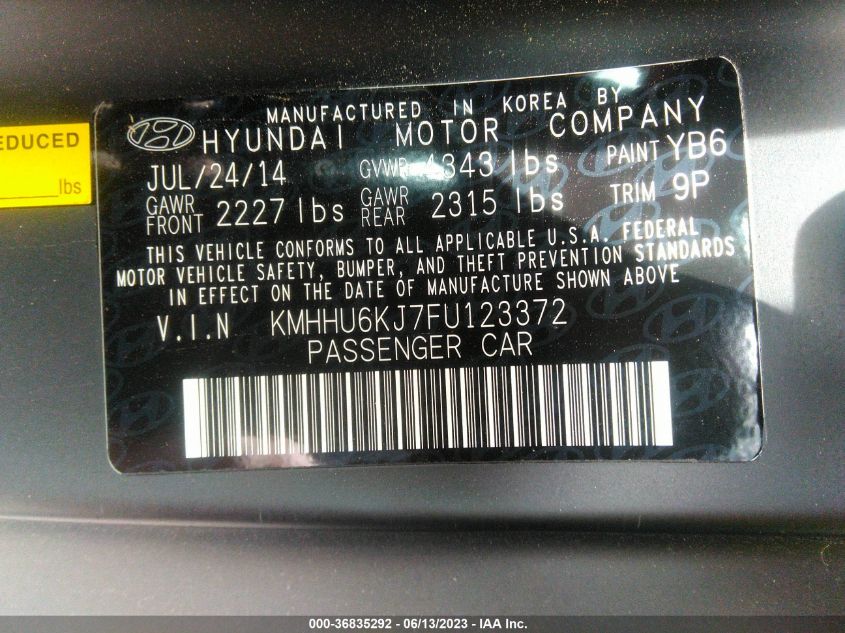 2015 HYUNDAI GENESIS COUPE 3.8L BASE KMHHU6KJ7FU123372