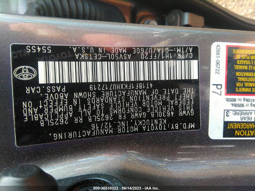 2017 TOYOTA CAMRY XLE/SE/LE/XSE - 4T1BF1FKXHU717219