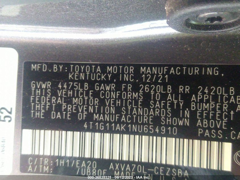 2022 TOYOTA CAMRY SE - 4T1G11AK1NU654910