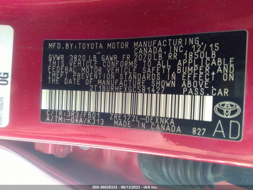 2016 TOYOTA COROLLA L/LE/S/S PLUS/LE PLUS - 2T1BURHEXGC581427