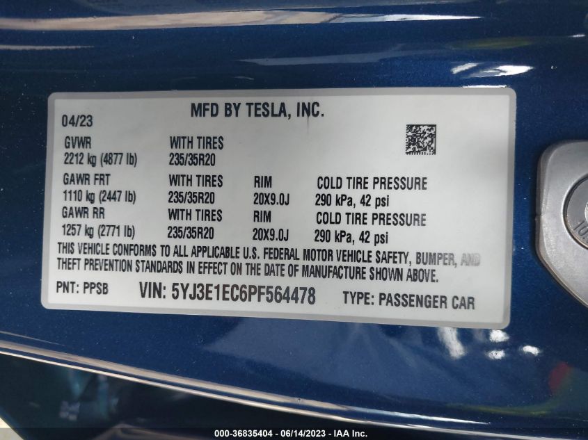 2023 TESLA MODEL 3 - 5YJ3E1EC6PF564478