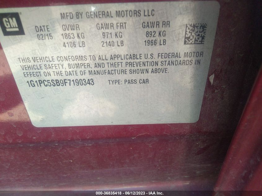 2015 CHEVROLET CRUZE LT - 1G1PC5SB9F7190343