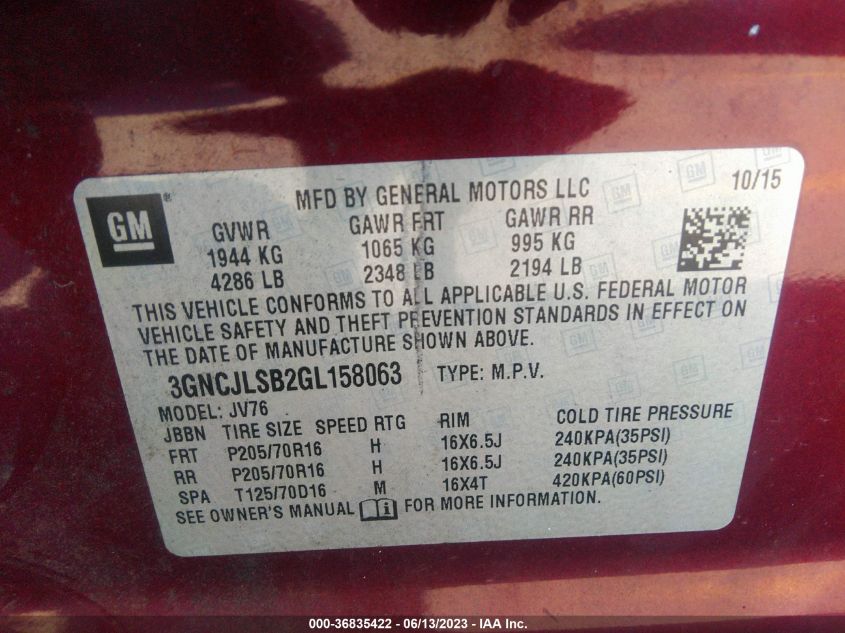 2016 CHEVROLET TRAX LT - 3GNCJLSB2GL158063