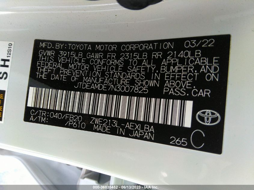 2022 TOYOTA COROLLA HYBRID LE - JTDEAMDE7N3007825