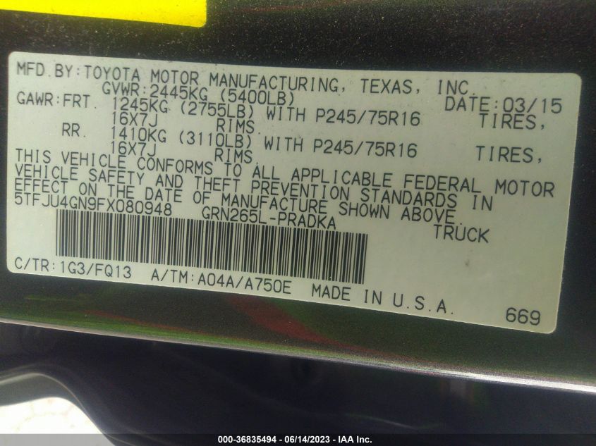 2015 TOYOTA TACOMA PRERUNNER - 5TFJU4GN9FX080948