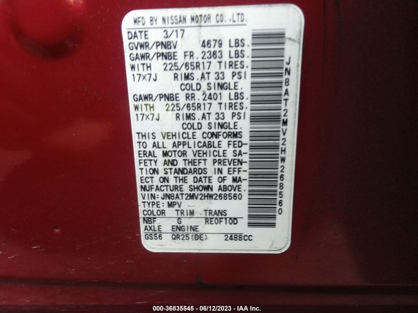 2017 NISSAN ROGUE S - JN8AT2MV2HW268560