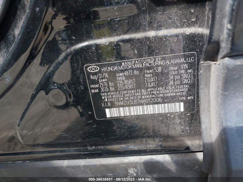2017 HYUNDAI SANTA FE SPORT 2.4L - 5NMZU3LB7HH012006