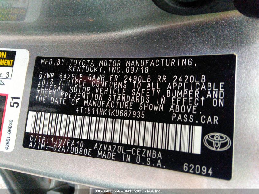 2019 TOYOTA CAMRY LE/SE/XLE/L - 4T1B11HK1KU687935