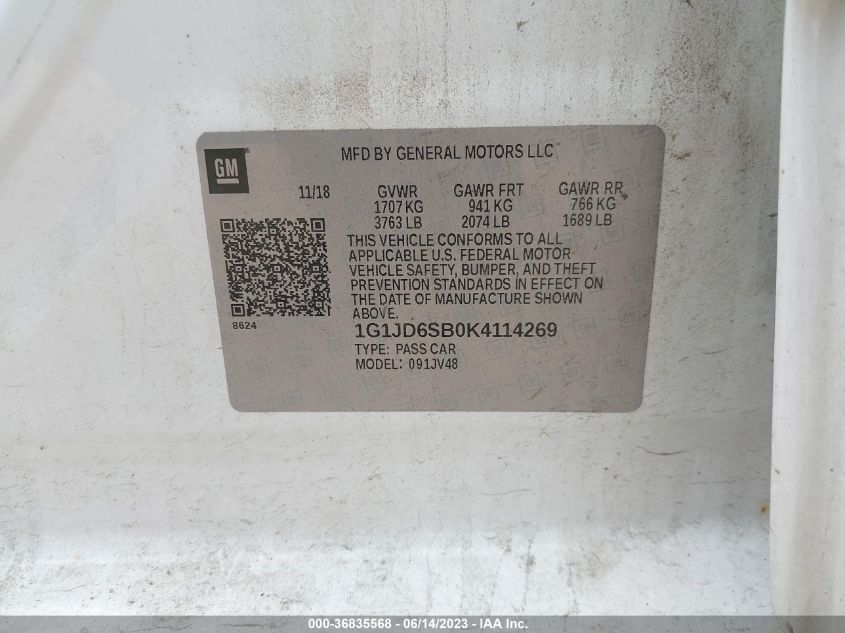2019 CHEVROLET SONIC LT - 1G1JD6SB0K4114269