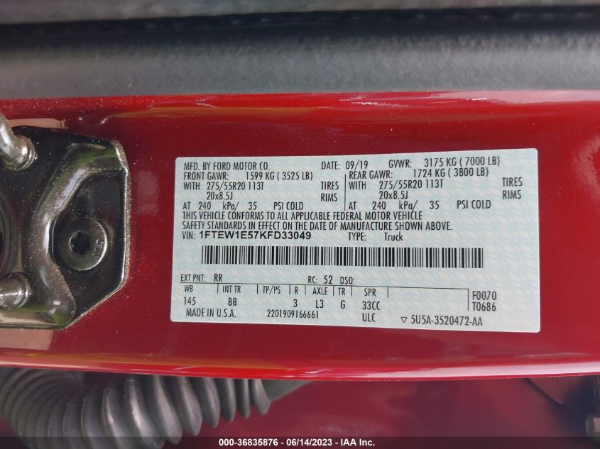 2019 FORD F-150 XL/XLT/LARIAT - 1FTEW1E57KFD33049