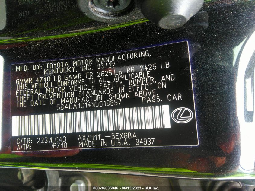 2022 LEXUS ES ES 300H LUXURY - 58AEA1C14NU018857