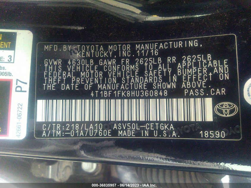 2017 TOYOTA CAMRY XLE - 4T1BF1FK8HU360848