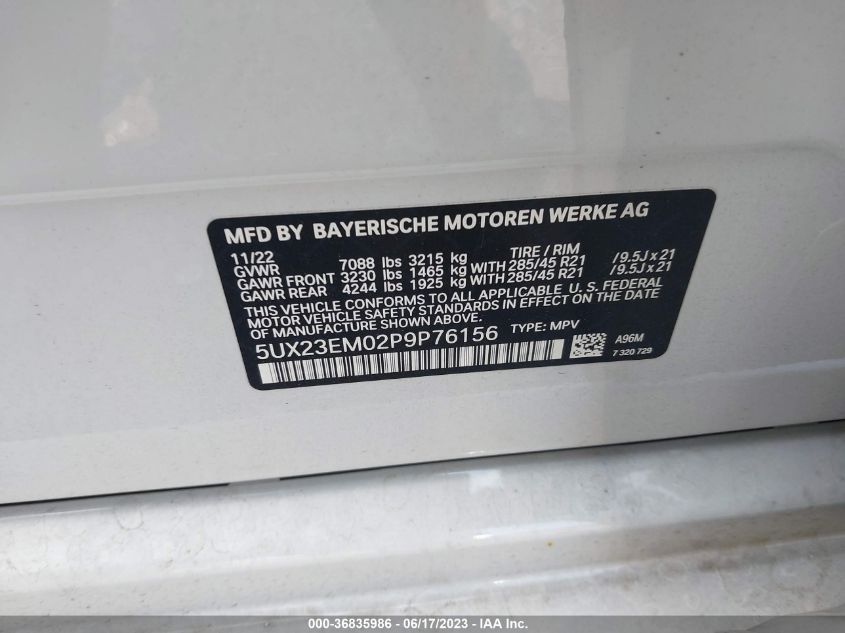 2023 BMW X7 XDRIVE40I - 5UX23EM02P9P76156