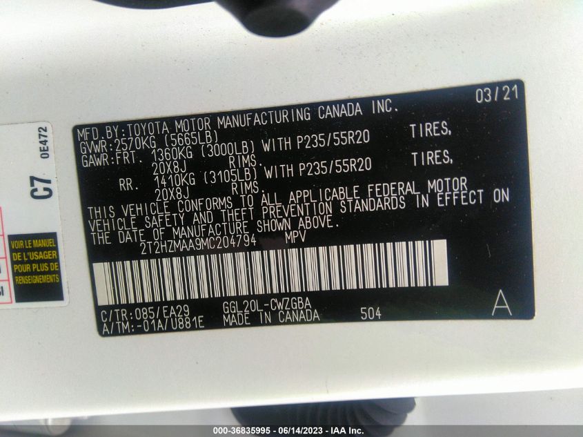 2021 LEXUS RX RX 350 - 2T2HZMAA9MC204794