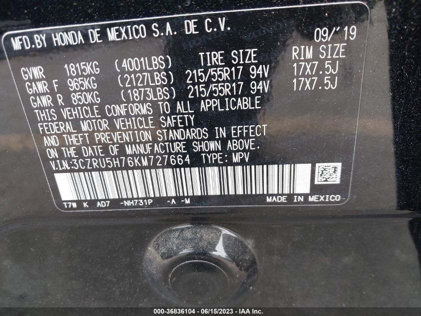 2019 HONDA HR-V EX-L - 3CZRU5H76KM727664