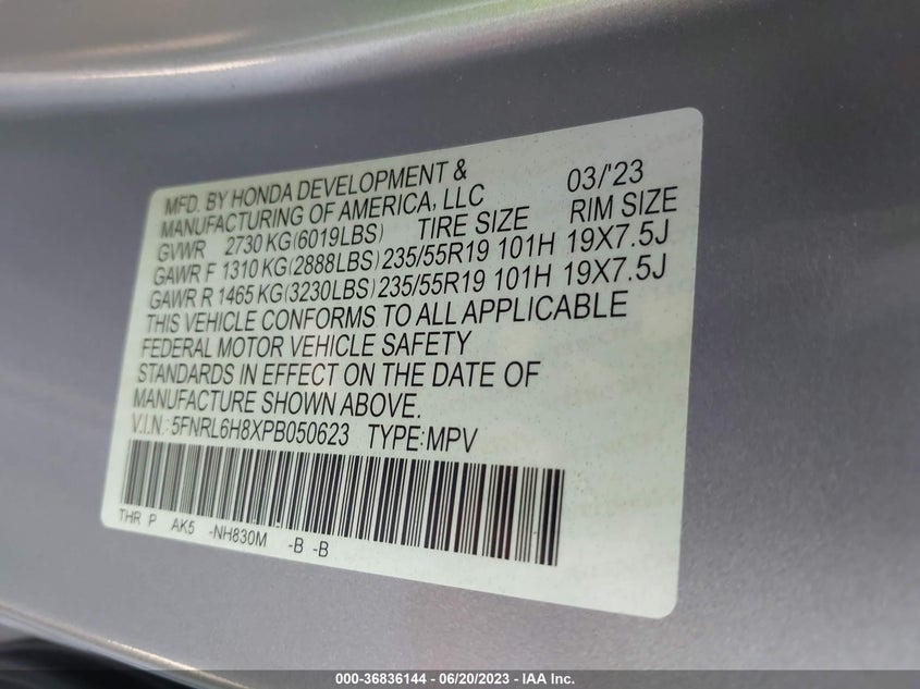 VIN 5FNRL6H8XPB050623 2023 HONDA ODYSSEY TOURING