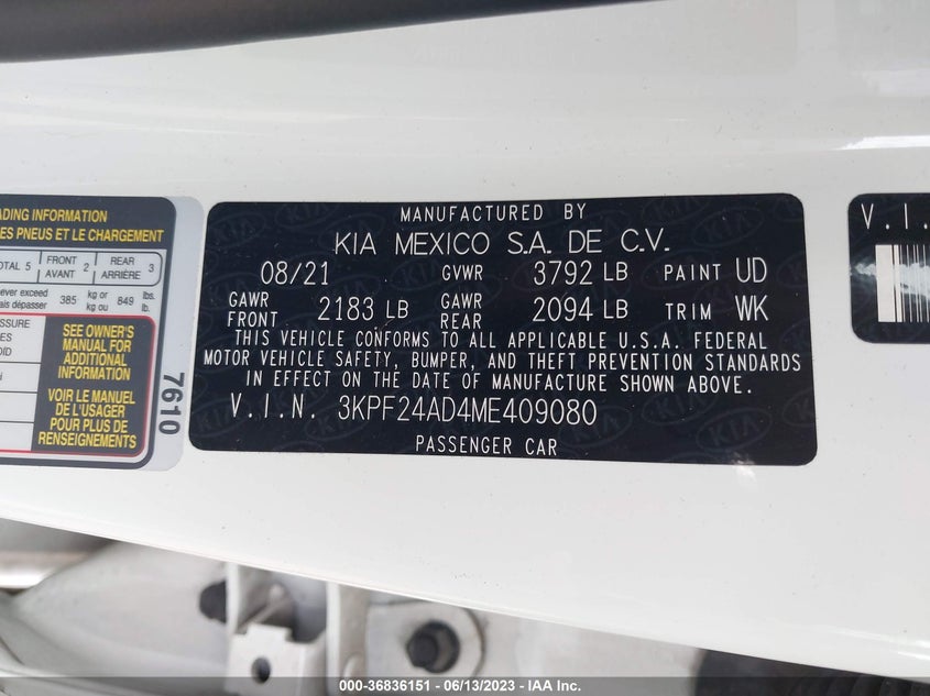 VIN 3KPF24AD4ME409080 2021 KIA FORTE LXS
