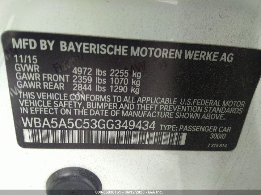 2016 BMW 5 SERIES 528I - WBA5A5C53GG349434