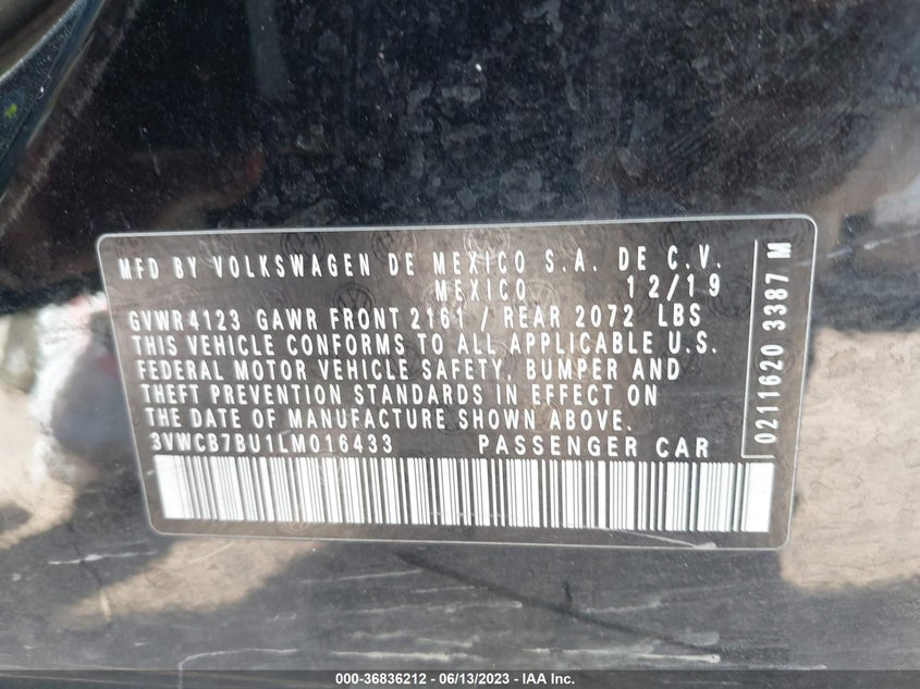 VIN 3VWCB7BU1LM016433 2020 VOLKSWAGEN JETTA S/SE/R-LINE