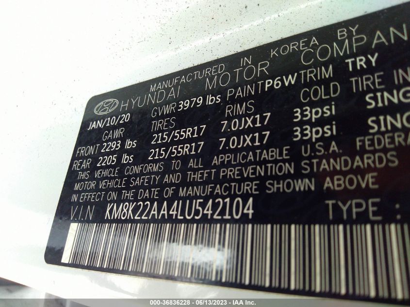 2020 HYUNDAI KONA SEL - KM8K22AA4LU542104