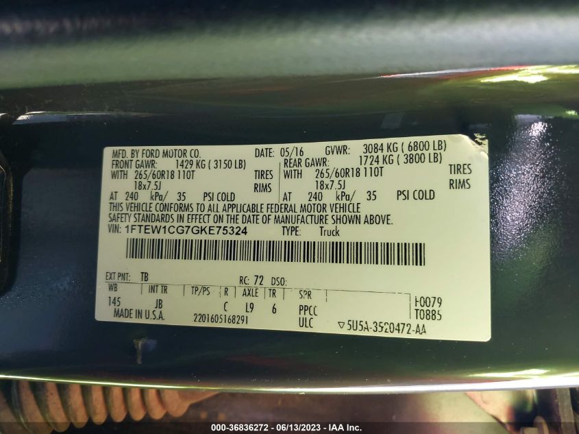 2016 FORD F-150 XL/LARIAT - 1FTEW1CG7GKE75324