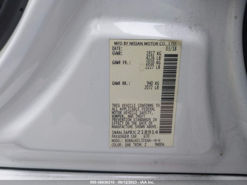 2018 NISSAN ALTIMA 2.5 SR - 1N4AL3AP8JC218914