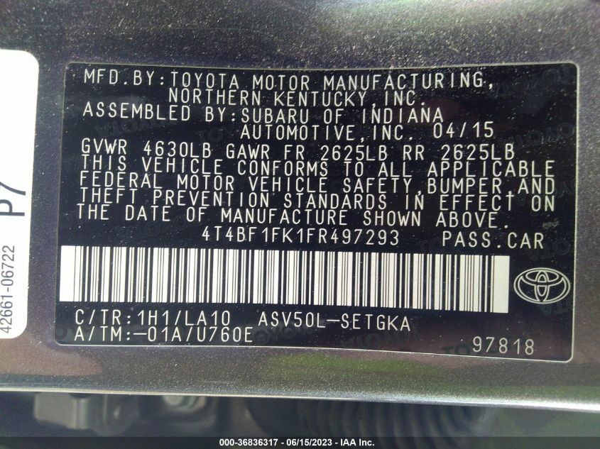 2015 TOYOTA CAMRY XLE/SE/LE/XSE - 4T4BF1FK1FR497293